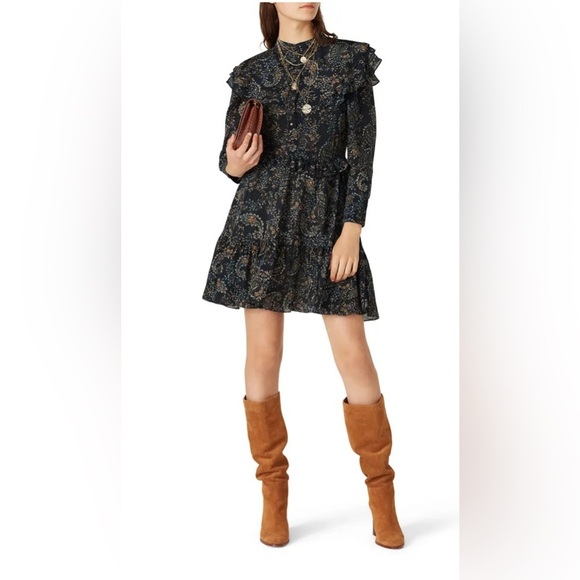 NICHOLAS Paisley Elsie Dress Black Floral Ruffle Short Mini Dress Large 12 1861 - Picture 1 of 11